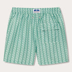 Men's Angarde Staniel Swim Shorts in green with swordfish print, featuring quick-dry fabric and front pocket.