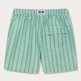 Men's Angarde Staniel Swim Shorts in green with swordfish print, featuring quick-dry fabric and front pocket.