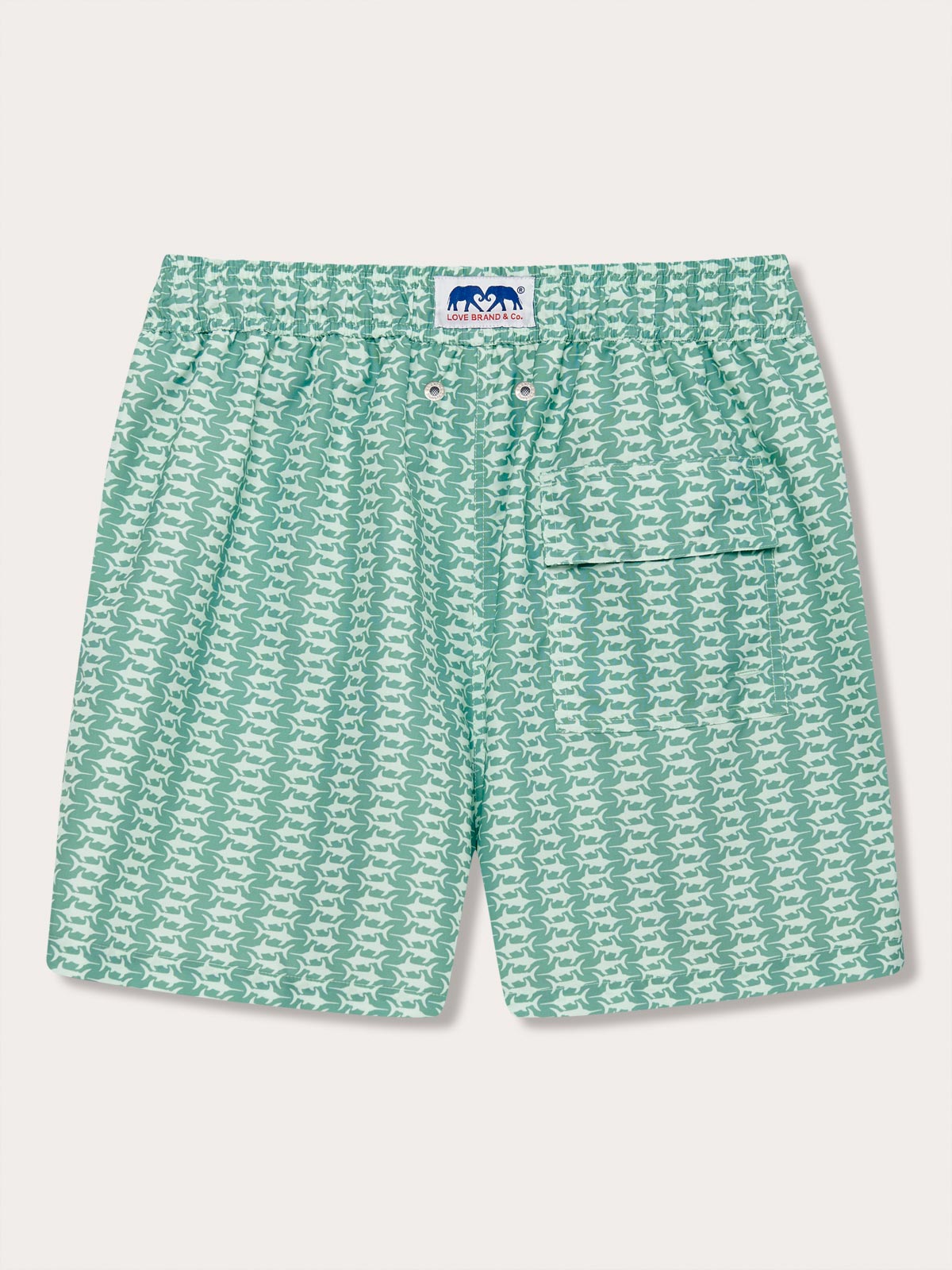 Men's Angarde Staniel Swim Shorts in green with swordfish print, featuring quick-dry fabric and front pocket.