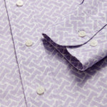 Detailed view of Men's Crazy Maze Abaco Linen Shirt. Long-sleeved, button-up white and purple patterned linen shirt. 