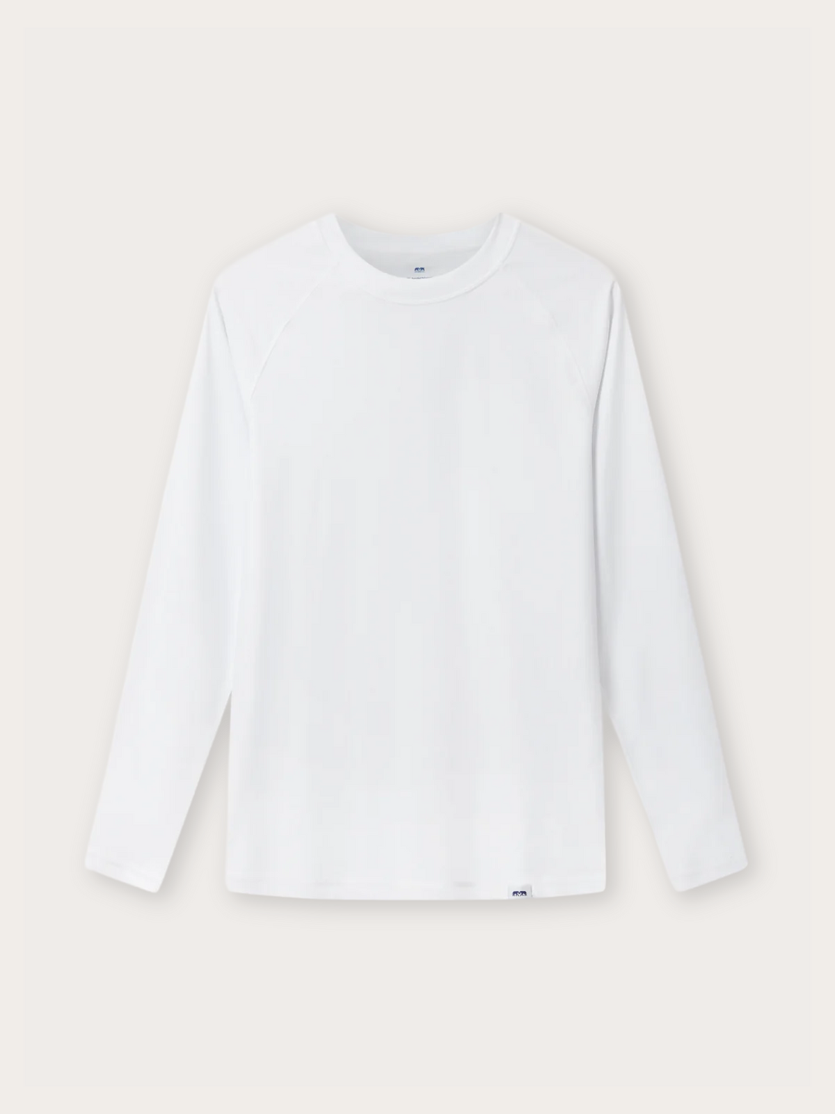 A plain white long-sleeve crewneck rash vest with raglan sleeves, displayed flat against a light beige background.