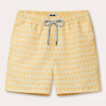 Mens Staniel Swim Shorts Palm Sundowner by Love Brand & co. Yellow and orange printed swimming shorts with a palm tree pattern. 2 side pockets and a drawstring waist.