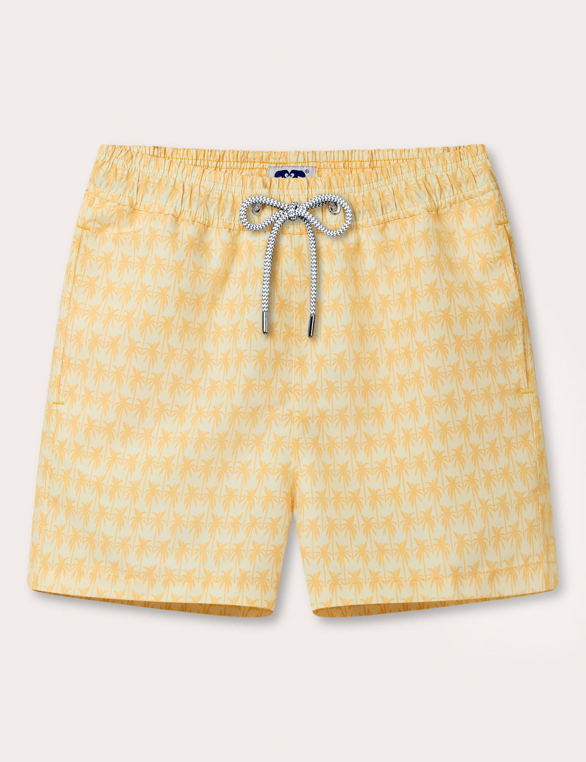 Mens Staniel Swim Shorts Palm Sundowner by Love Brand & co. Yellow and orange printed swimming shorts with a palm tree pattern. 2 side pockets and a drawstring waist.