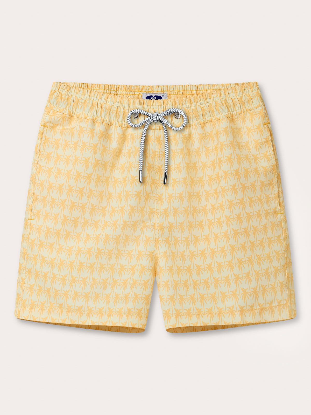 Mens Staniel Swim Shorts Palm Sundowner by Love Brand & co. Yellow and orange printed swimming shorts with a palm tree pattern. 2 side pockets and a drawstring waist.