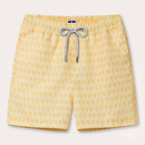 Mens Staniel Swim Shorts Palm Sundowner by Love Brand & co. Yellow and orange printed swimming shorts with a palm tree pattern. 2 side pockets and a drawstring waist.