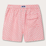 Men's Ray Rhythm Staniel Swim Shorts with diamond geometric print in watermelon and light pink, depicting manta rays, made from quick-dry, 100% recycled fabrics.