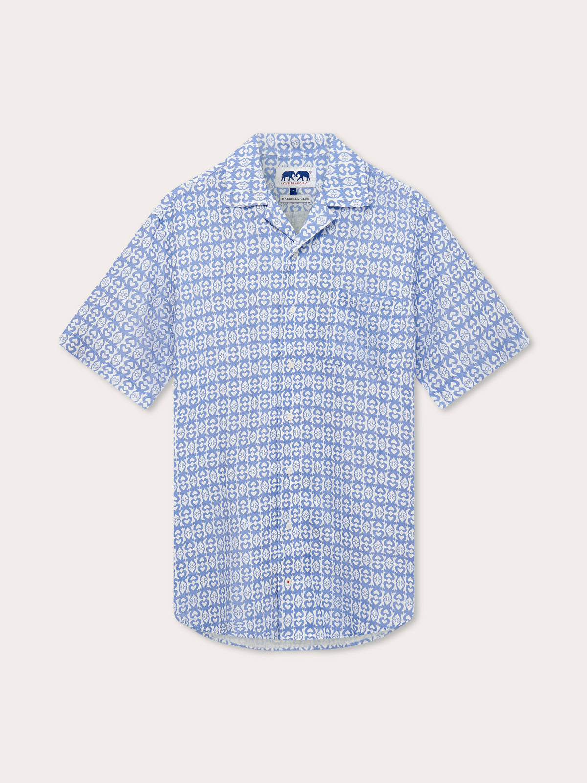 A short-sleeved men's linen shirt in ocean blue with a geometric seahorse pattern.