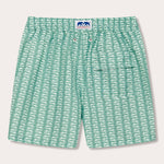 Men's Which Way to the Tropics Staniel Swim Shorts with green swordfish pattern, quick-dry fabric, and 100% recycled materials.