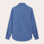 Mens Deep Blue Abaco Linen Shirt back view. 