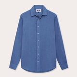 Mens Deep Blue Abaco Linen Shirt front view. Mens blue linen shirt with button-up design and long sleeves.