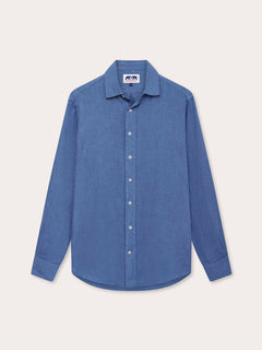 Mens Deep Blue Abaco Linen Shirt front view. Mens blue linen shirt with button-up design and long sleeves.