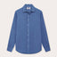 Mens Deep Blue Abaco Linen Shirt front view. Mens blue linen shirt with button-up design and long sleeves.