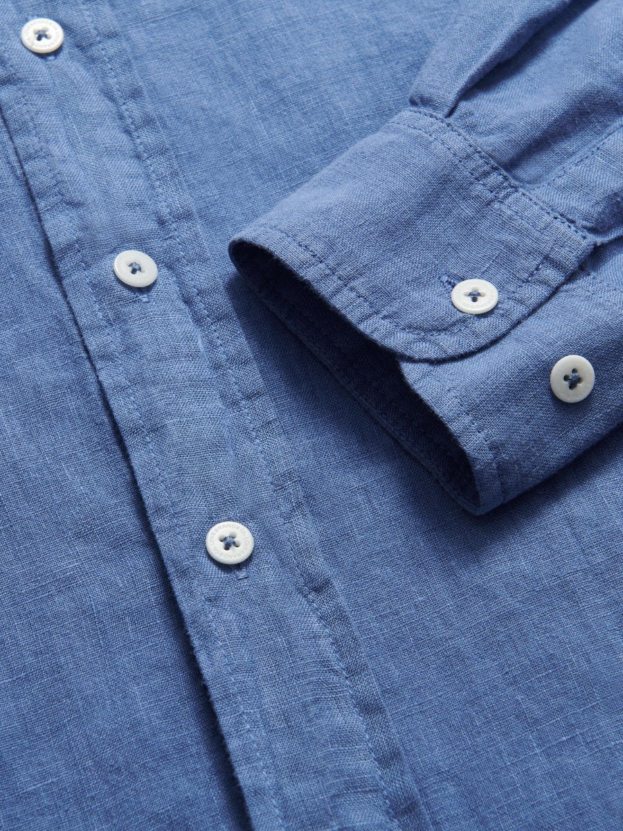 Mens Deep Blue Abaco mens Linen Shirt close up.