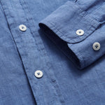 Mens Deep Blue Abaco mens Linen Shirt close up.