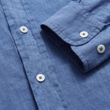 Mens Deep Blue Abaco mens Linen Shirt close up.