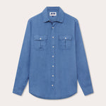 Men's Deep Blue Andros Hemp Shirt with Long Sleeves and Front Pockets.