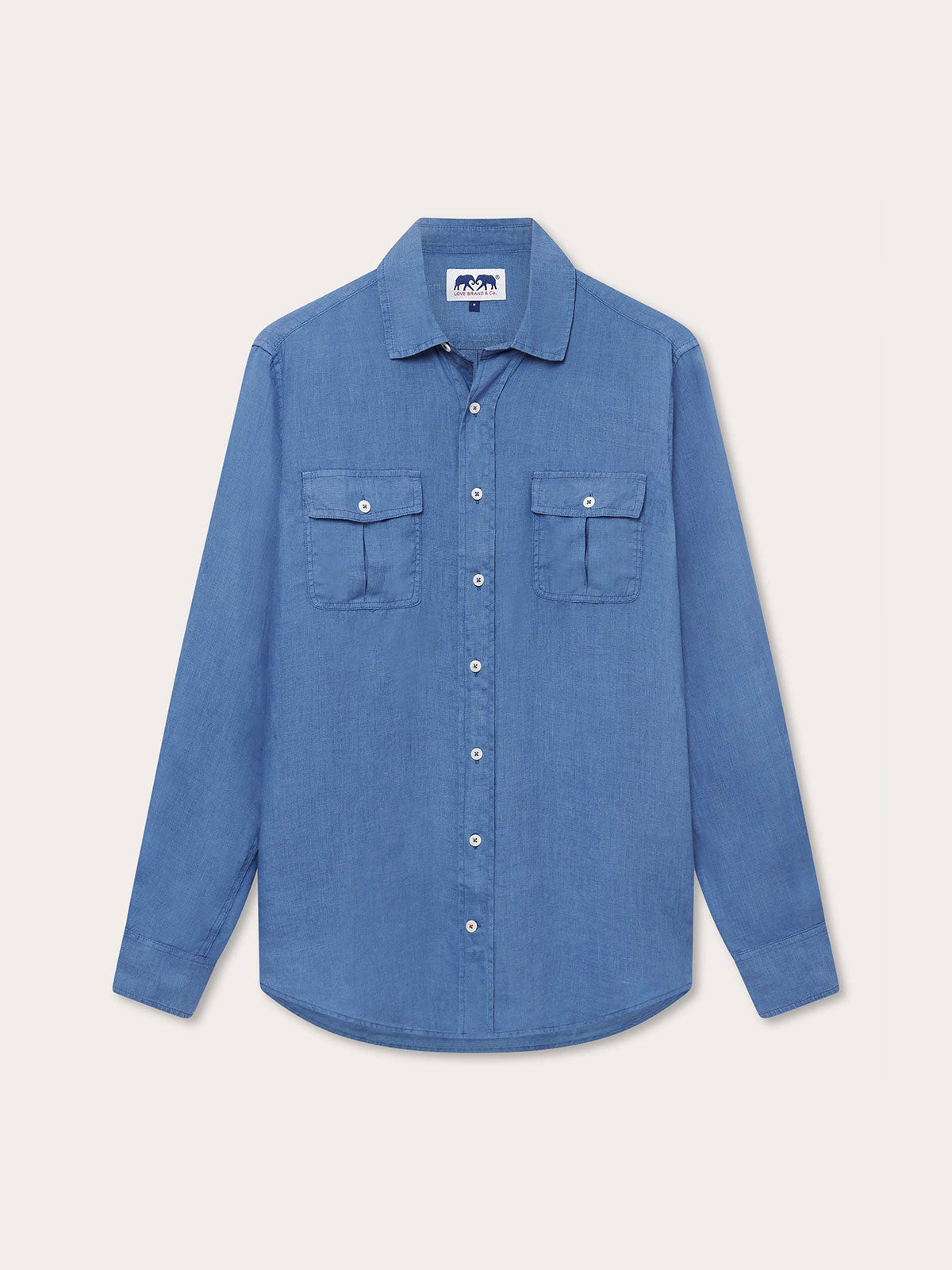 Men's Deep Blue Andros Hemp Shirt with Long Sleeves and Front Pockets.