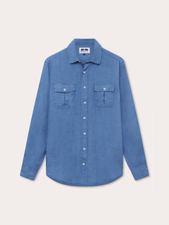 Men's Deep Blue Andros Hemp Shirt with Long Sleeves and Front Pockets.