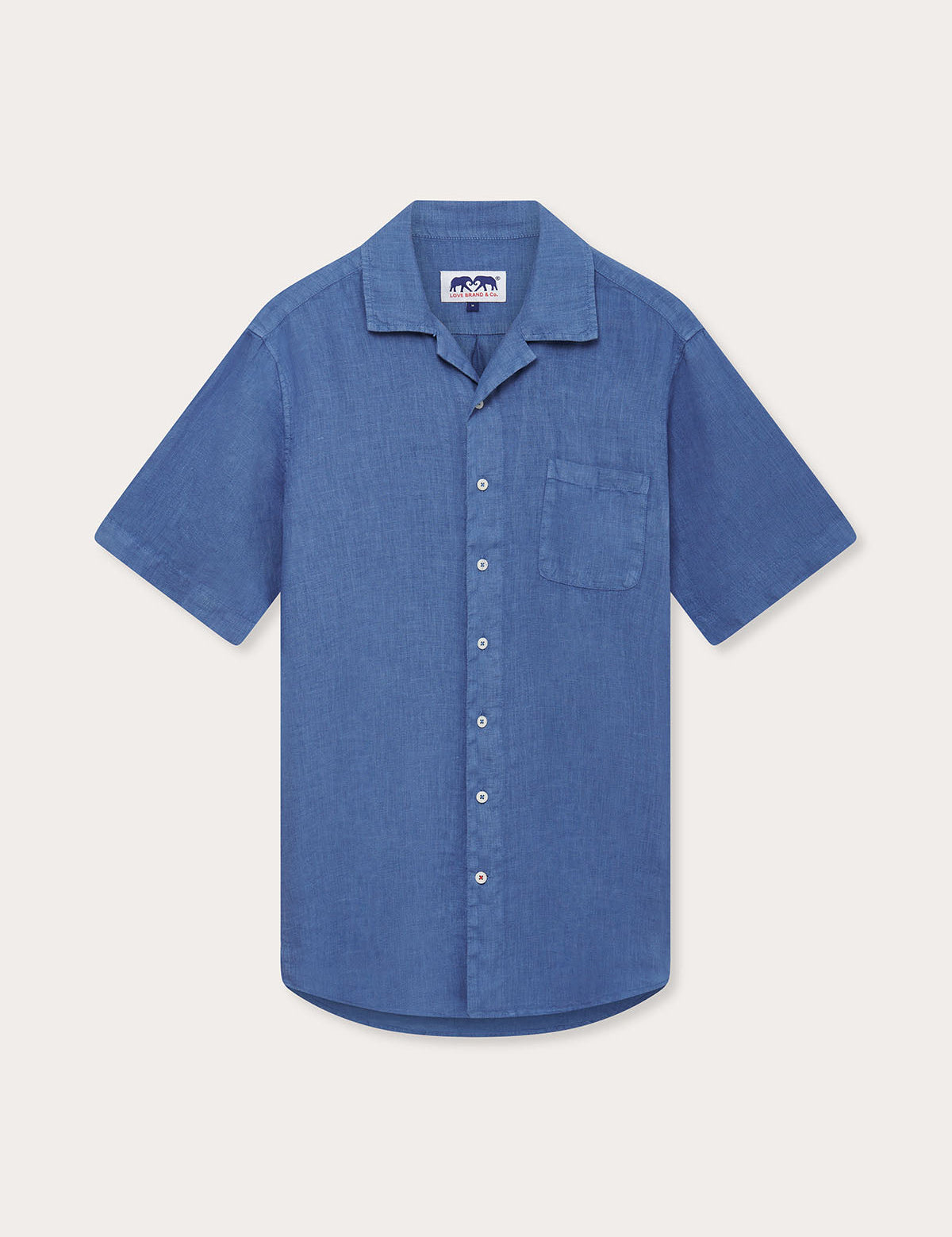 front view of Arawak Deep Blue mens Linen Shirt with front pocket and short sleeves.