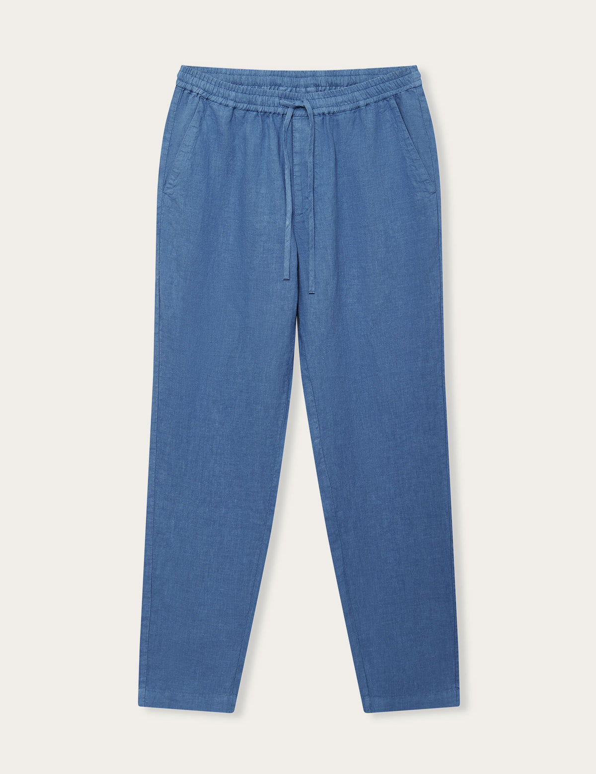 Men's Deep Blue Eleuthera Linen Trousers. Men's blue linen trousers with drawstring waist and side pockets.