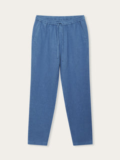 Men's Deep Blue Eleuthera Linen Trousers. Men's blue linen trousers with drawstring waist and side pockets.