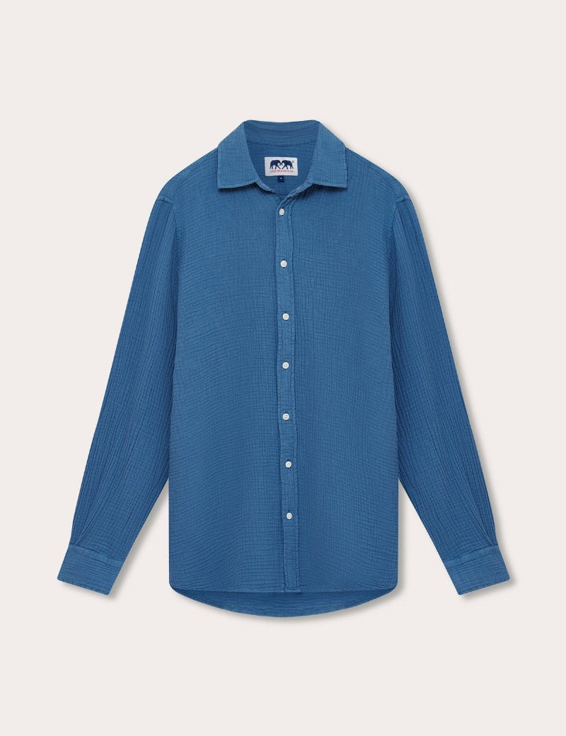 Men's Deep Blue Galliot Cotton Shirt with Waffle Texture, Long Sleeves, and Button-Down Front.