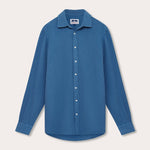 Men's Deep Blue Galliot Cotton Shirt with Waffle Texture, Long Sleeves, and Button-Down Front.