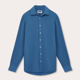 Men's Deep Blue Galliot Cotton Shirt with Waffle Texture, Long Sleeves, and Button-Down Front.