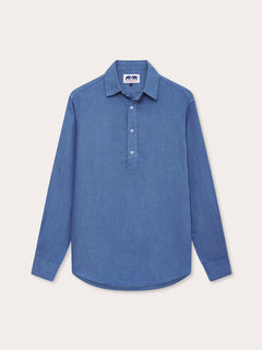 Men's Deep Blue Hoffman Linen Shirt - Long sleeve, half-button style. Old money shirts made from lightweight 100% natural linen.