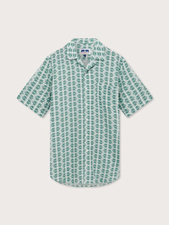 Men's Dolphins of Greece Arawak Linen Shirt with green and white pattern featuring camp collar and short sleeves.