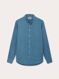 Men's Elephant Palace Blue Maycock Linen Shirt featuring long sleeves, signature corozo nut buttons, and crafted from 100% natural linen.