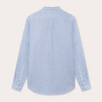 Back view of Men's Elephant Palace Sky Maycock Linen Shirt in light blue, featuring long sleeves and buttoned cuffs.