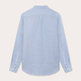 Back view of Men's Elephant Palace Sky Maycock Linen Shirt in light blue, featuring long sleeves and buttoned cuffs.