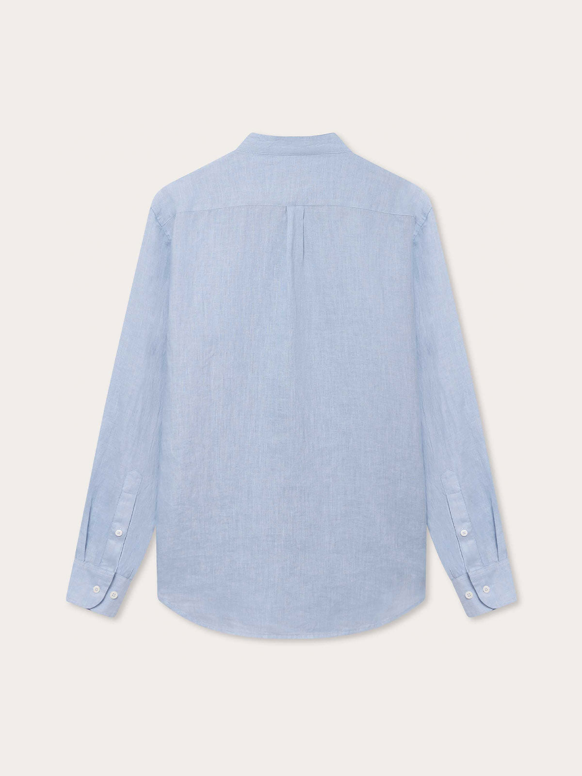 Back view of Men's Elephant Palace Sky Maycock Linen Shirt in light blue, featuring long sleeves and buttoned cuffs.