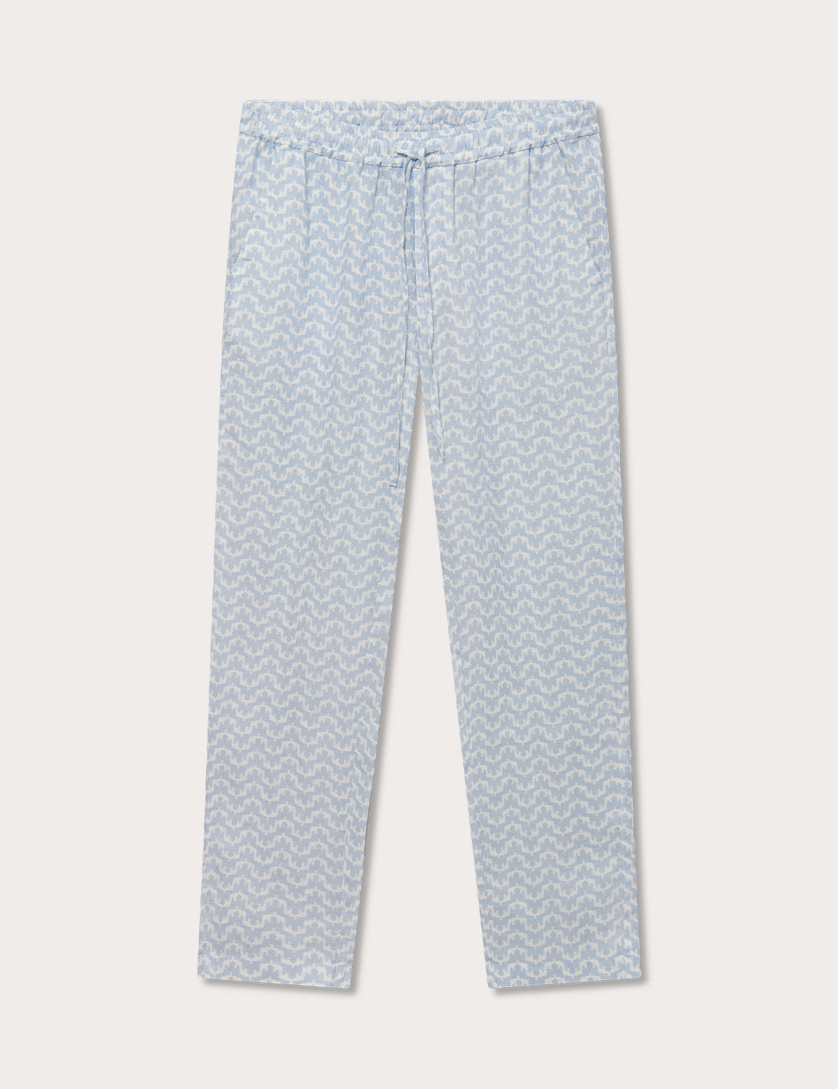 Men's Elephant Palace Sky Eleuthera Linen Trousers in light blue. Blue and white linen trousers with an elephant pattern design. Elephant clothing crafted from 100% lightweight linen. Old money style men's linen trousers with 2 front pockets in a relaxed fit.