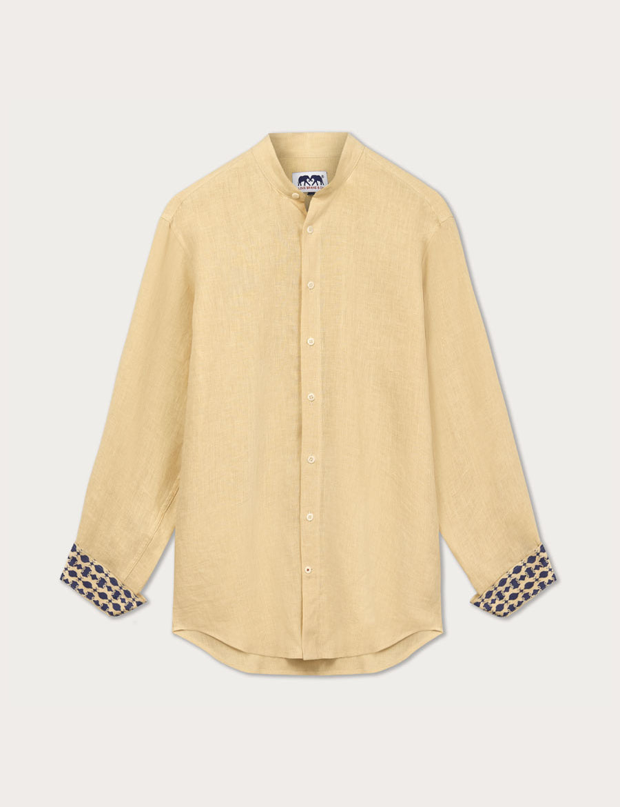 Men's Eye of The Tiger Maycock Linen Shirt with long sleeves, Nehru collar, and rolled-up sleeves revealing a unique print design.