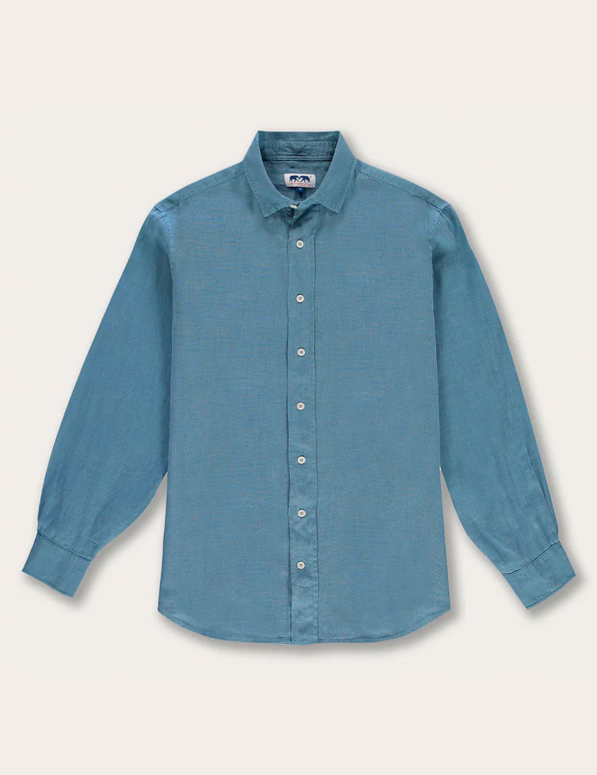 Men's French Blue Abaco Linen Shirt displaying a dusty blue tone with long sleeves, button-down front, and classic collar style.