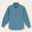 Men's French Blue Abaco Linen Shirt displaying a dusty blue tone with long sleeves, button-down front, and classic collar style.