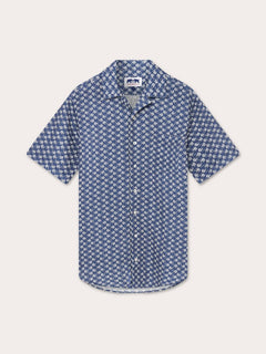 Men's Go With the Flow Arawak Linen Shirt featuring a blue and white Moorish Idol fish print pattern.