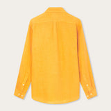 Men's Golden Hour Abaco Linen Shirt in vibrant sunset yellow shade, back view displaying long sleeves and breathable linen fabric.