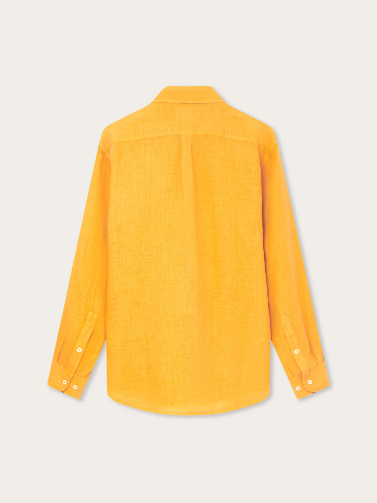 Men's Golden Hour Abaco Linen Shirt in vibrant sunset yellow shade, back view displaying long sleeves and breathable linen fabric.