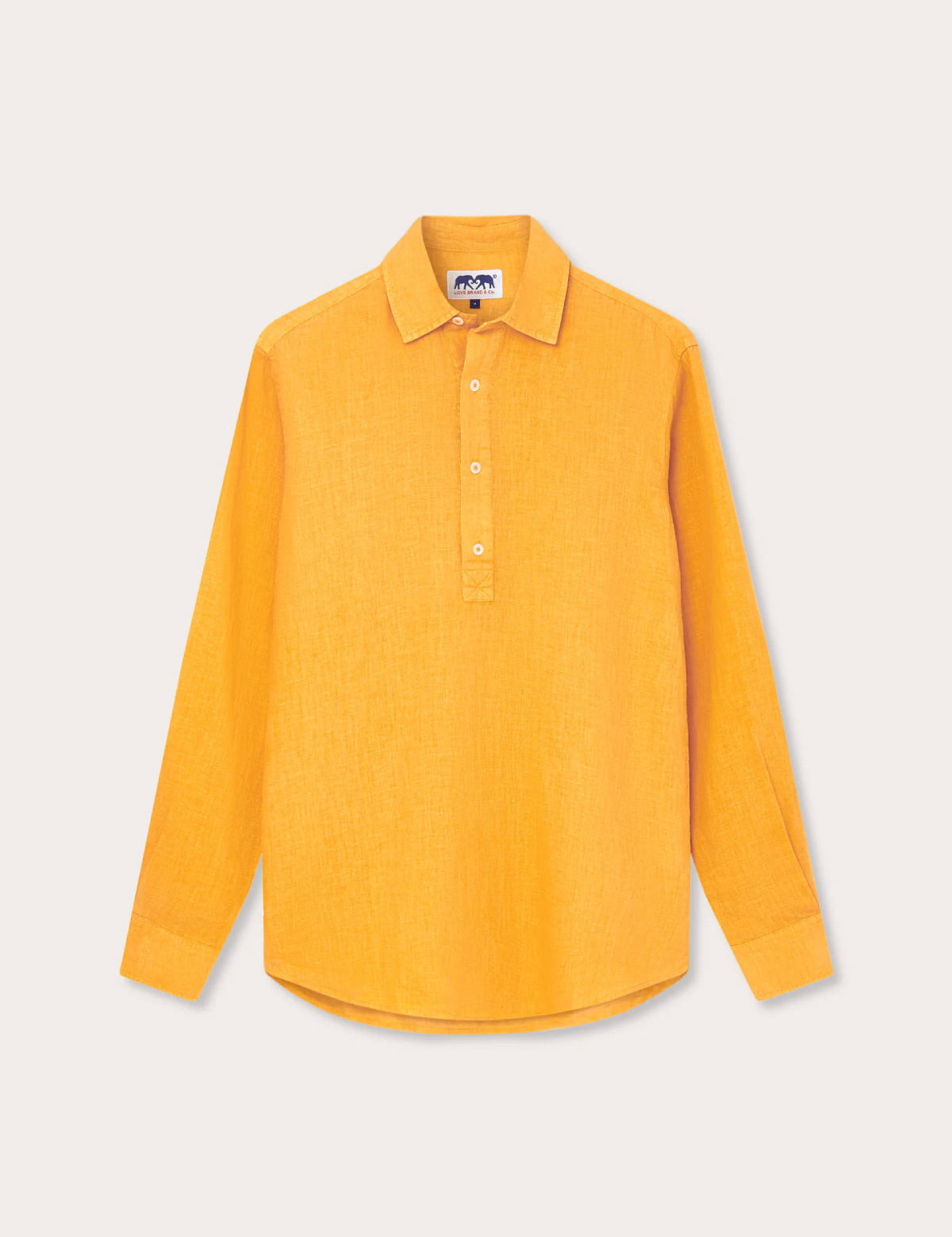 Men's Golden Hour Hoffman Linen Shirt showcasing a vibrant yellow hue, long sleeves, a collar, and a half-buttoned front. Old money shirts crafted from premium 100% linen.