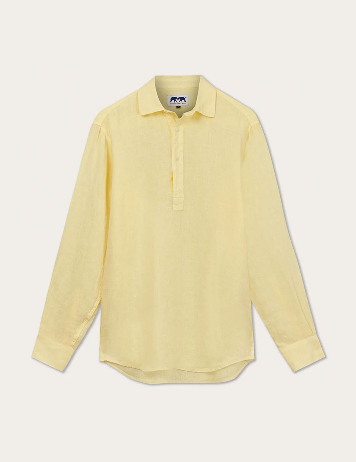 Our Men's Limoncello Hoffman Linen Shirt featuring a half button-up design in a yellow fabric. Old money shirts made from 100% linen.