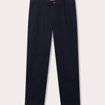 Front view of navy blue cotton chinos. Men's Navy Lyford Chino trousers showing 2 front slash pockets, waistband with belt loops and finished with a brown corozo nut button fastening. 