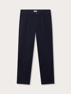 Front view of navy blue cotton chinos. Men's Navy Lyford Chino trousers showing 2 front slash pockets, waistband with belt loops and finished with a brown corozo nut button fastening. 