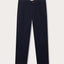 Front view of navy blue cotton chinos. Men's Navy Lyford Chino trousers showing 2 front slash pockets, waistband with belt loops and finished with a brown corozo nut button fastening. 