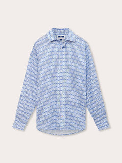 Men's Marbella Club Abaco Linen Shirt in light blue with a seahorse print pattern, made from 100% natural linen and featuring recycled Corozo nut buttons.