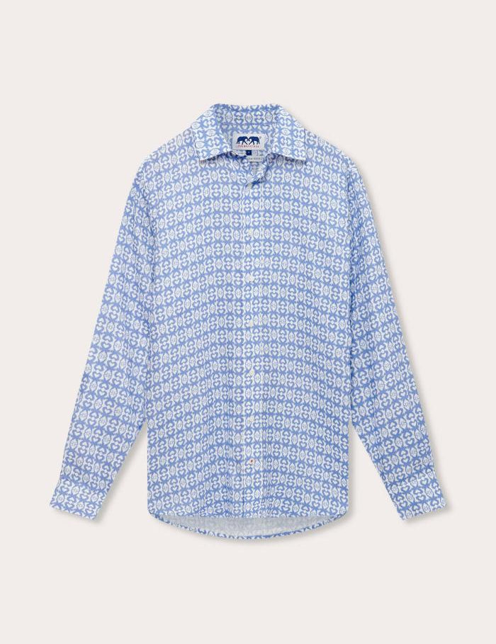 Men's Marbella Club Abaco Linen Shirt in light blue with a seahorse print pattern, made from 100% natural linen and featuring recycled Corozo nut buttons.