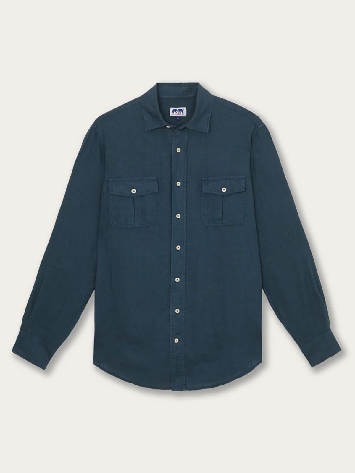 Men's Midnight Blue Andros Hemp Shirt featuring pleated double chest pockets and corozo nut buttons, crafted from 100% organic hemp with a light, breathable, and durable design.