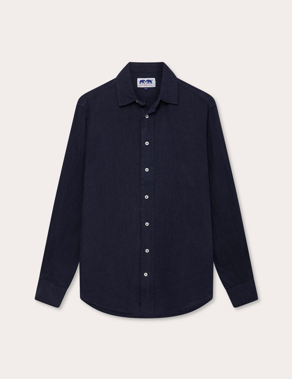 Men's Navy Blue Abaco Linen Shirt front view. Navy blue mens linne shirt with long-sleeves and buttons.